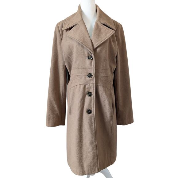 Nine West Camel Tan Wool Blend Fully Lined Long Peacoat Size 14 - Picture 1 of 12